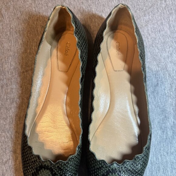 Chloe Green/Glack Python Embossed Leather Lauren Scallop Ballet Flats - Picture 9 of 11